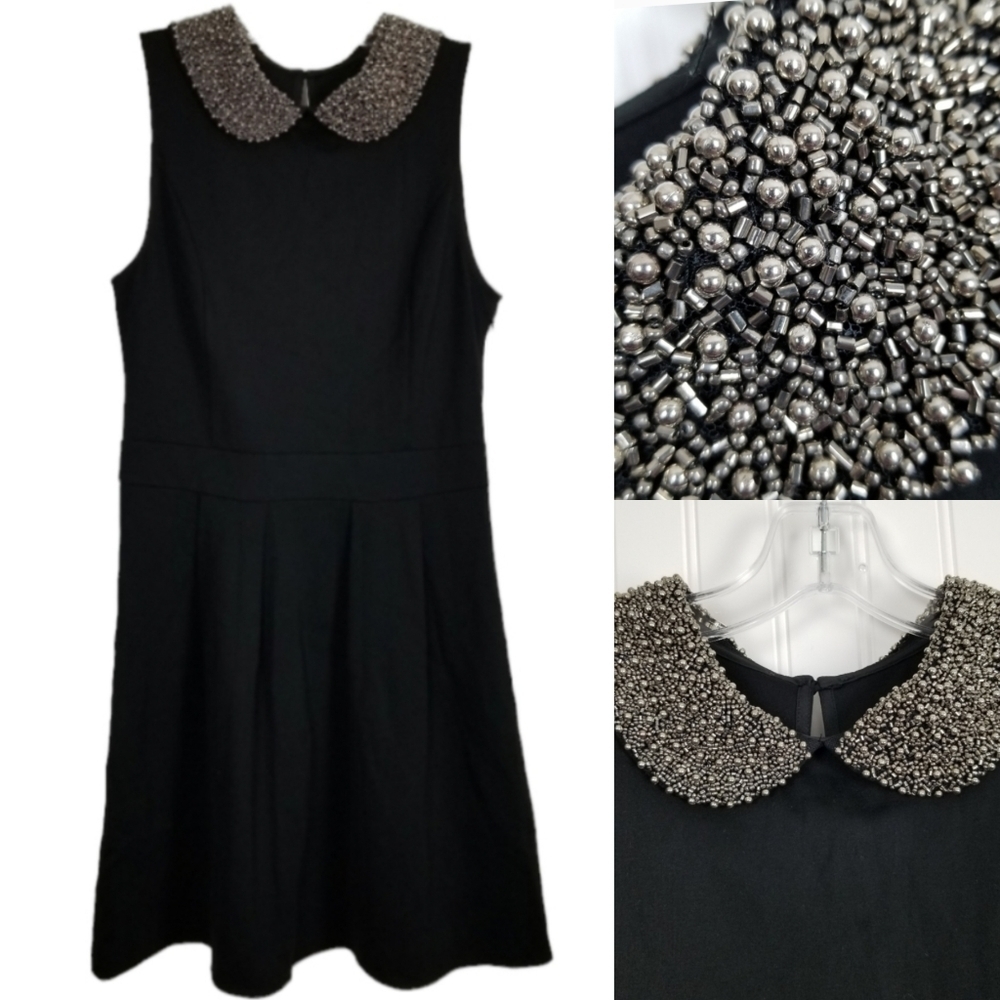 Fit N Flare Sleeveless Dress LBD Heavily Beaded Silver Peter Pan Collar Medium